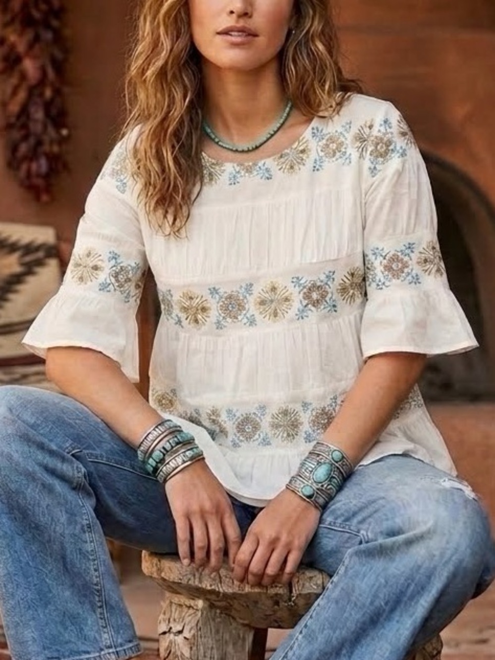 Sundance Cassandra Top Boho Southwestern 100%Cotton Floral Peasant Blouse XS